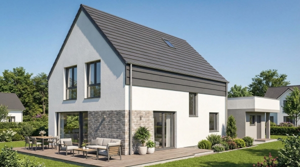 Nowoczesny dom jednorodzinny z dużą wiatą na dwa auta w Juszkowie EMER-architekci